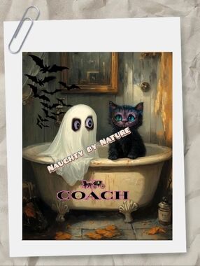 Coach Halloween Art Print with Black Cat, White Ghost and Pink Accents 6x8 Tin